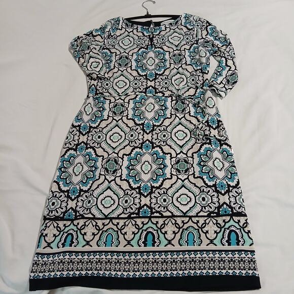 Liz Claiborne Large 5/8th-Sleeve Aqua/Black/White Geometric design Shift Dress - Picture 4 of 14